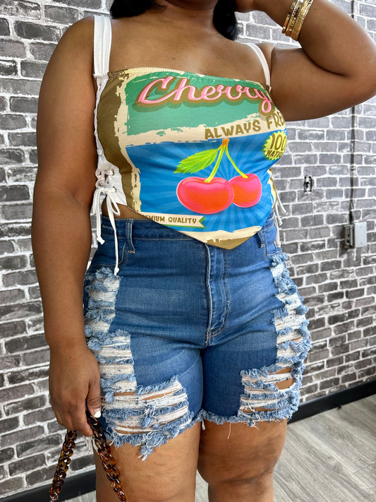 Cherry Print Lace Corset (Plus)