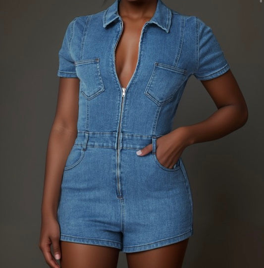 Front Zip Denim Romper